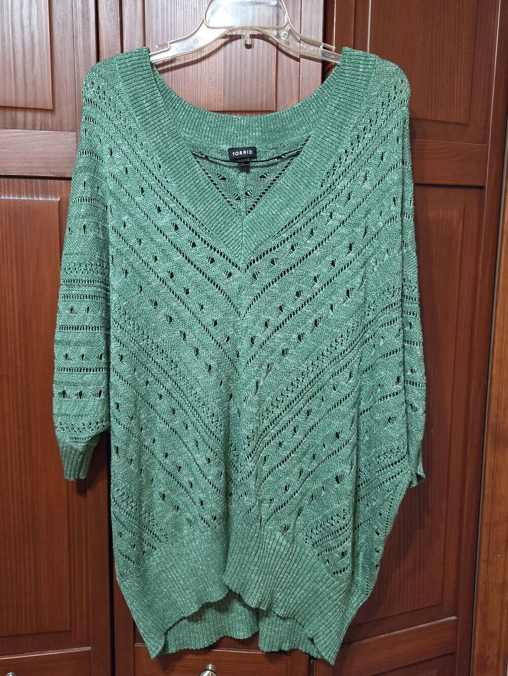 Torrid Green Dolman Sleeve Open Knit Pullover V Neck Boho Nature Sweater  | 3X